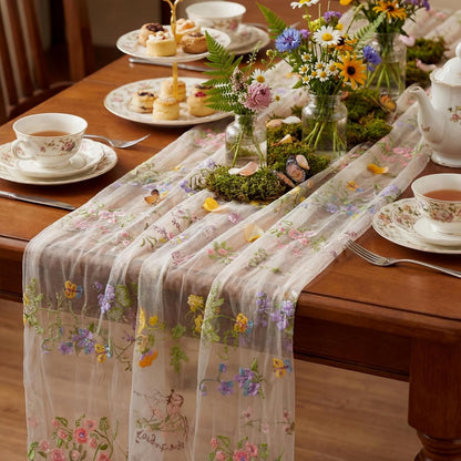Ivory White Floral Table Runner 10Ft Embroidery Tulle Spring Wildflower Table Runner Seasonal Summer Butterfly Kitchen Dining Gauze Decoration for Wedding Baby Shower Birthday Party (1 Pcs)