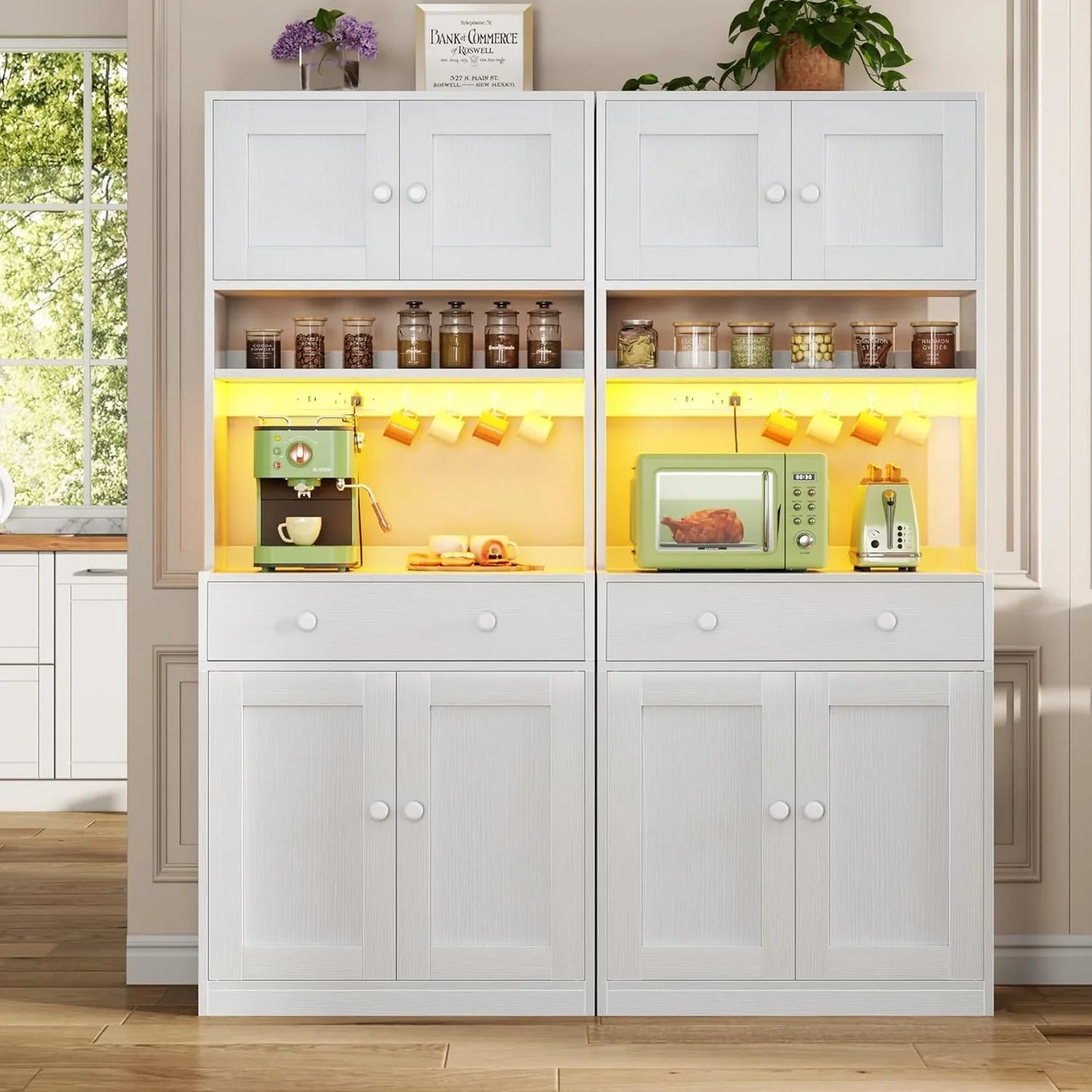 71" Tall Kitchen Pantry Storage Cabinet with Power Outlet & LED Light, Freestanding Food Pantry Cabinet with 4 Doors and Shelves, Cupboard with Drawer, Hutch with Microwave Stand, White