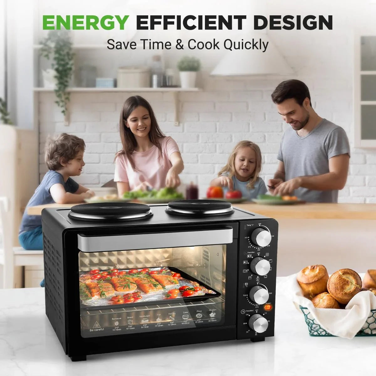 2-In-1 Convection Oven & Cooker - 30 Quart, 1500W Multi-Function Kitchen Oven with Dual Hot Plates, 7 Cooking Modes Including Rotisserie, Broil, Bake - 19.6 X 16.0 X 13.5 Inches
