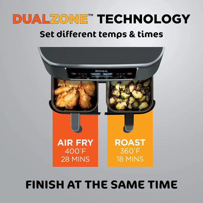 DZ201 Foodi 8 Quart 6-In-1 Dualzone 2-Basket Air Fryer with 2 Independent Frying Baskets, Match Cook & Smart Finish to Roast, Broil, Dehydrate & More for Quick, Easy Meals, Grey