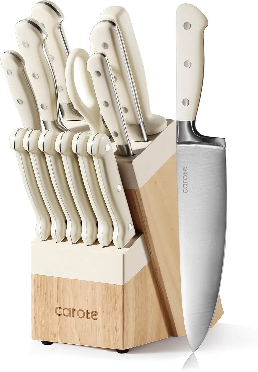 14 Pieces Knife Set with Block, Forged, High Carbon Stainless Steel Sharp Blade Block Knife Set, Dishwasher Safe Cutlery, Cream