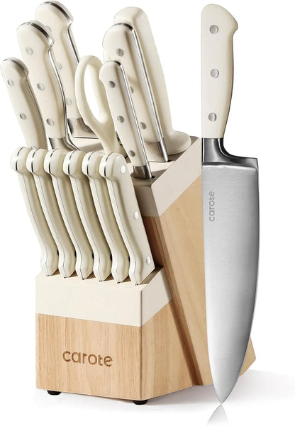14 Pieces Knife Set with Block, Forged, High Carbon Stainless Steel Sharp Blade Block Knife Set, Dishwasher Safe Cutlery, Cream