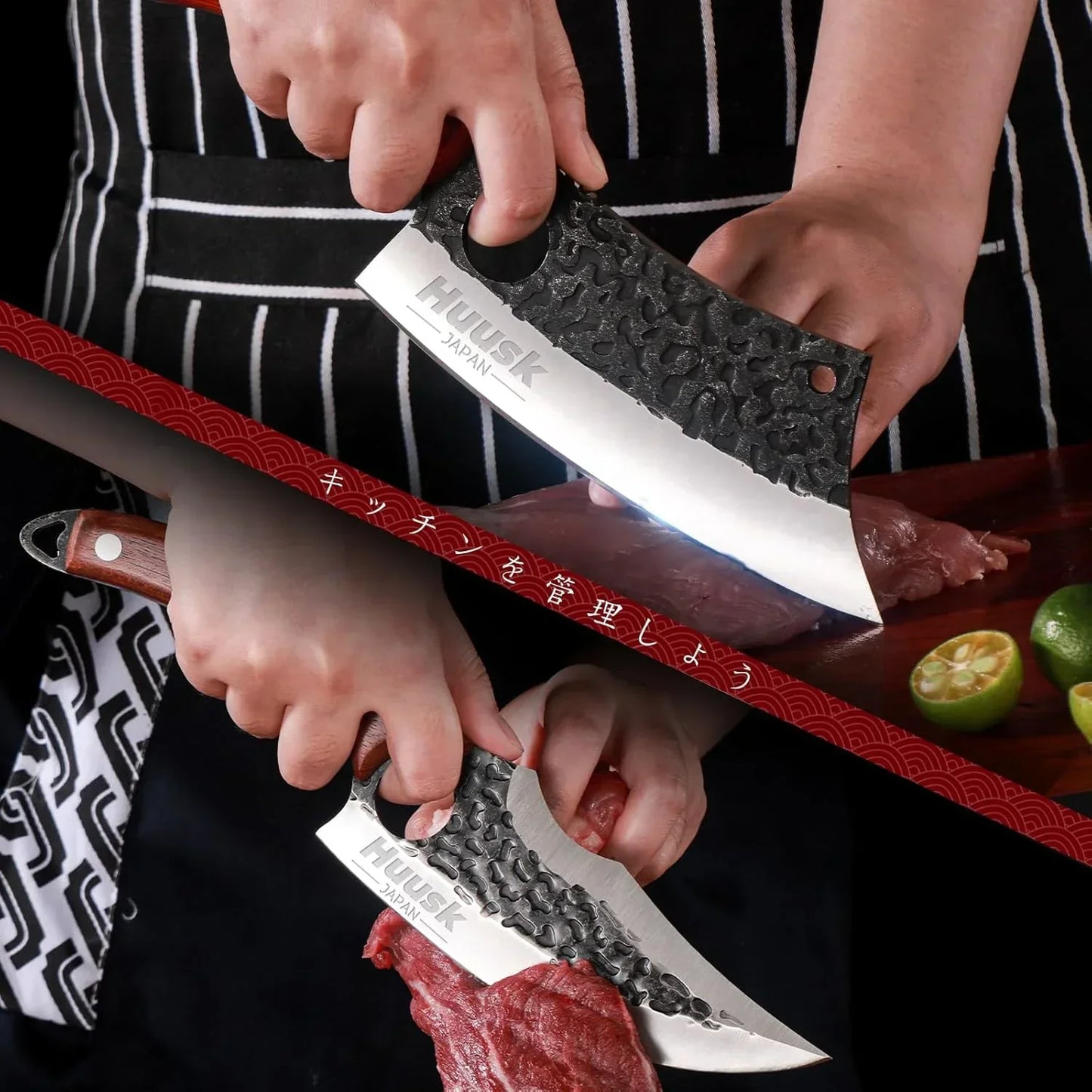 Hand holding Huusk Japan chef knife slicing meat and limes on cutting board in kitchen