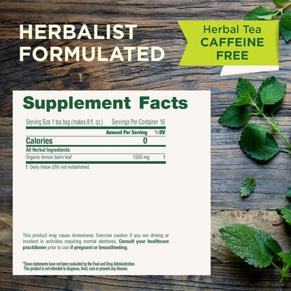 Organic, Lemon Balm - Supports Stress Relief & Digestive Health - Kosher, Non-Gmo, Caffeine-Free, Compostable - 16 Tea Bags