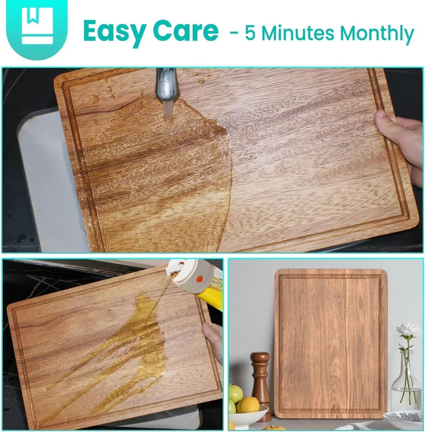 Wood cutting board easy care with oil, shown in kitchen setting for cooking prep