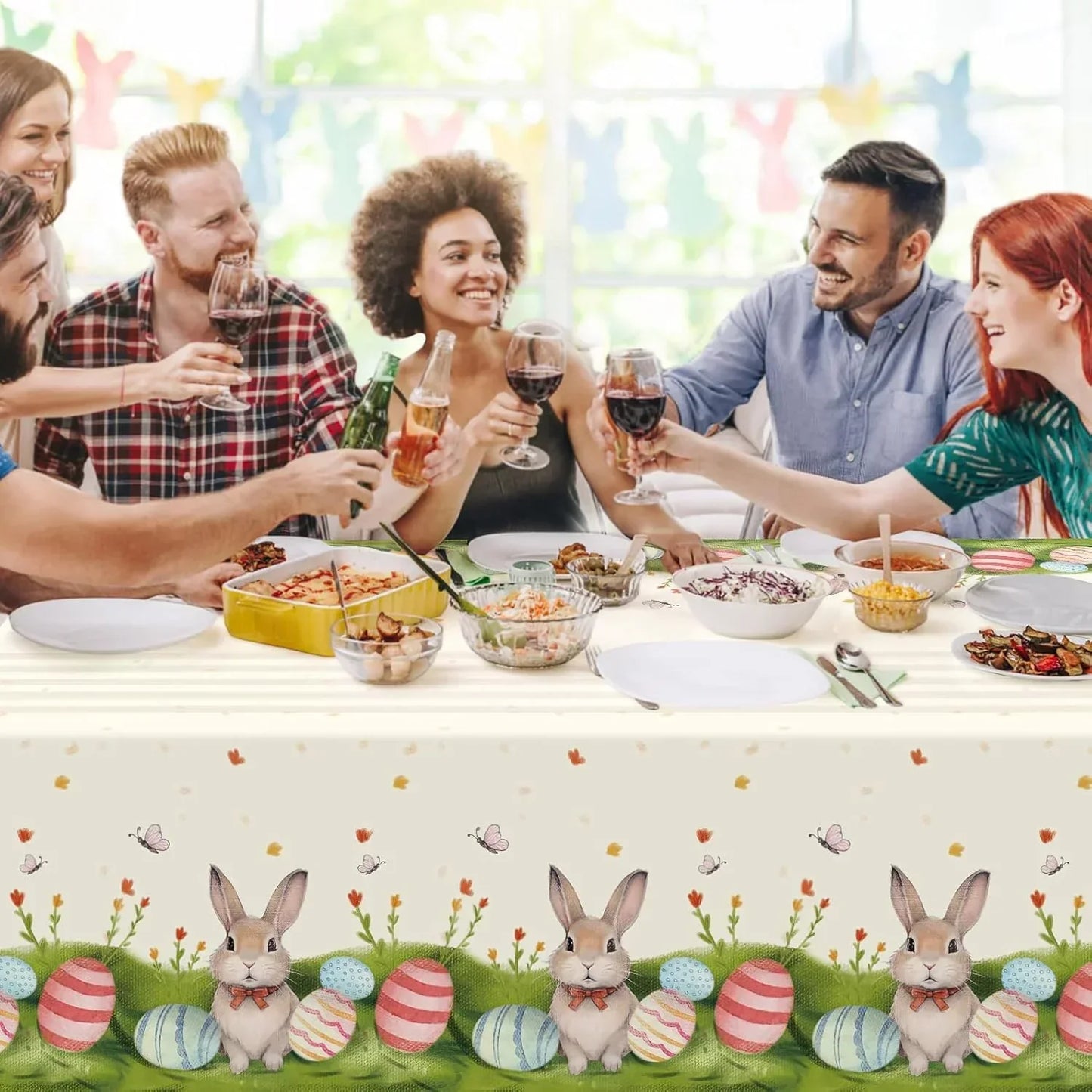 Easter tablecloth with bunnies and eggs, perfect for festive family dinners and holiday gatherings.