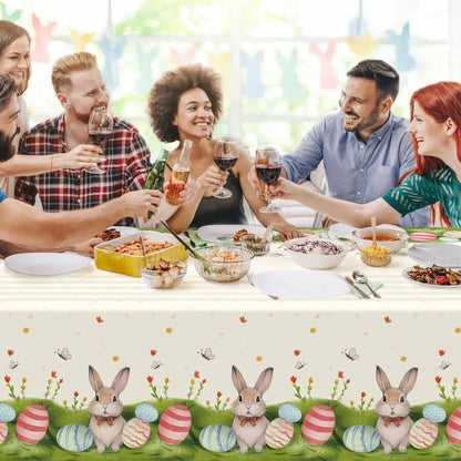 Easter tablecloth with bunnies and eggs, perfect for festive family dinners and holiday gatherings.