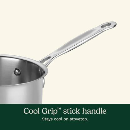 Stainless steel saucepan with Cool Grip™ stick handle, stays cool on stovetop for safe cooking