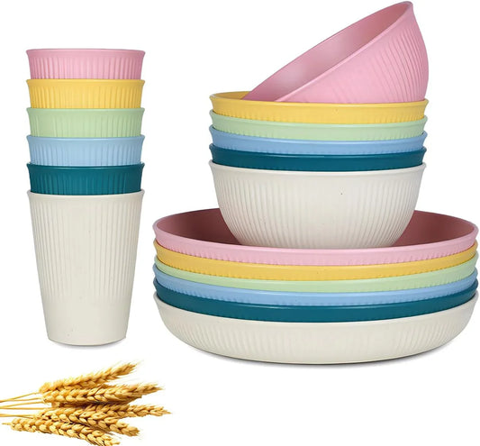 18Pcs Wheat Straw Dinnerware Sets, Unbreakable Dish Set Reusable Plates, Bowls, and Cups Set Dishes Dishwasher Microwave Safe for Kitchen Outdoor Travel Camping (Light Macron)