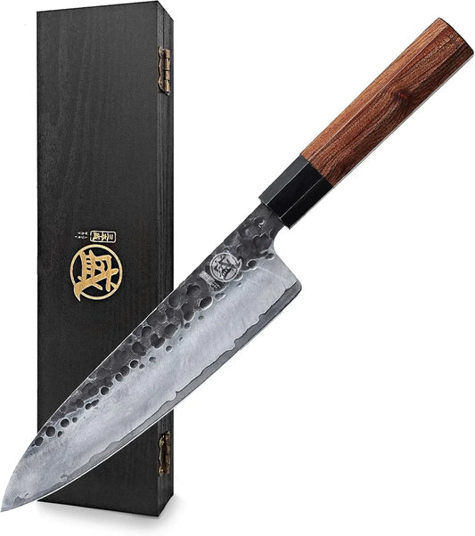 8 Inch Gyuto Chef Knife, Japanese Hand Forged Kitchen Chef'S Knives, 3-Layer 9CR18MOV High Carbon Steel, Rosewood Handle & Sandalwood Box