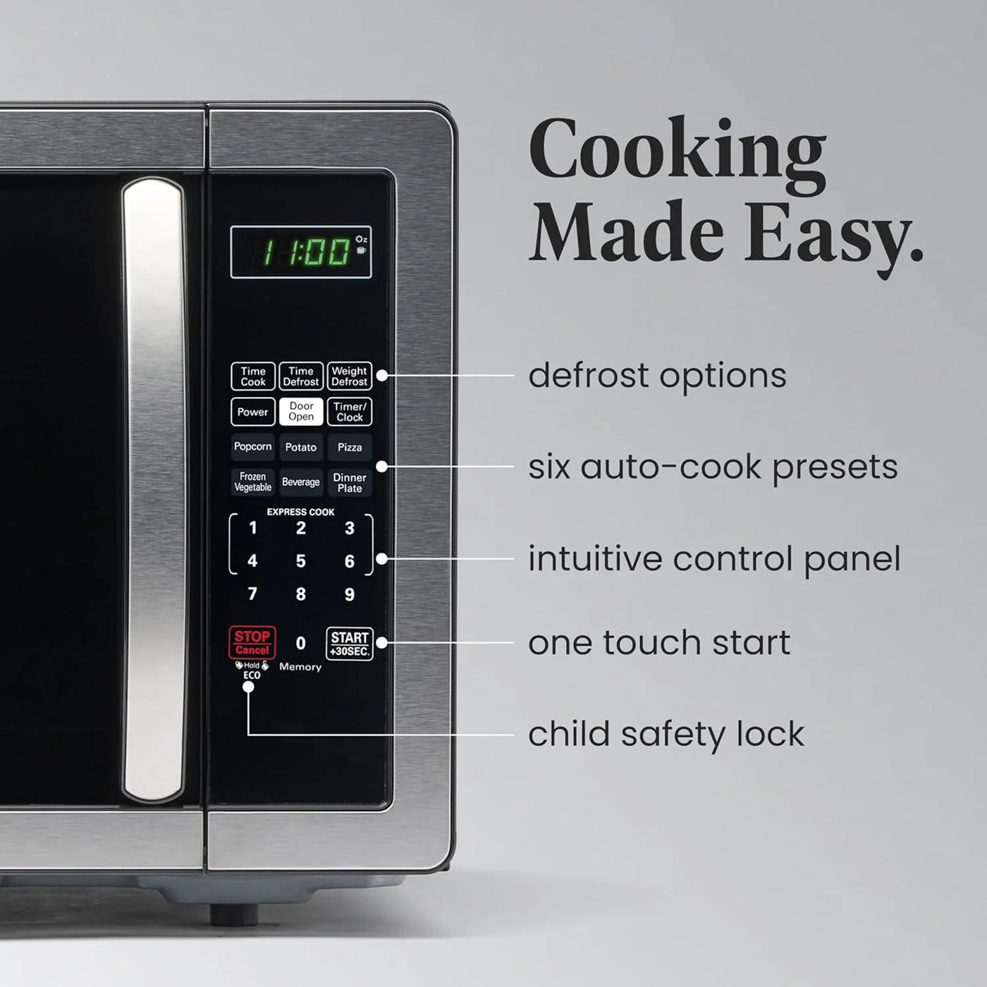 1.1 Cu. Ft. Countertop Microwave Oven – 1000 Watts Power, Auto Cook Settings, Defrost, Easy Clean and Child Safety Lock - Stainless