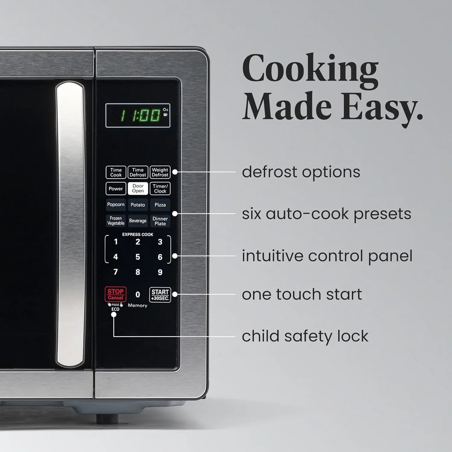 1.1 Cu. Ft. Countertop Microwave Oven – 1000 Watts Power, Auto Cook Settings, Defrost, Easy Clean and Child Safety Lock - Stainless