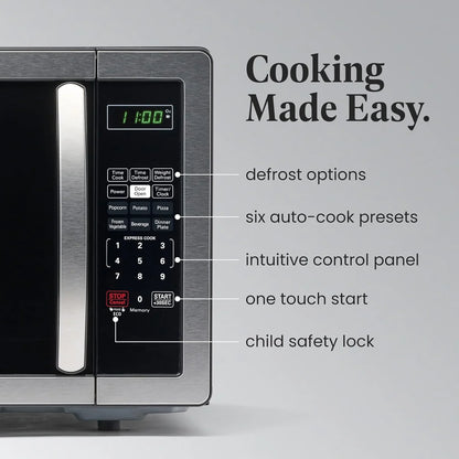 1.1 Cu. Ft. Countertop Microwave Oven – 1000 Watts Power, Auto Cook Settings, Defrost, Easy Clean and Child Safety Lock - Stainless