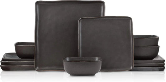 Jonny Stoneware 12 Piece Dinnerware Set, Home Kitchen Modern Square Dish Set with Dinner Plates, Salad Plates, & Bowls, Brown