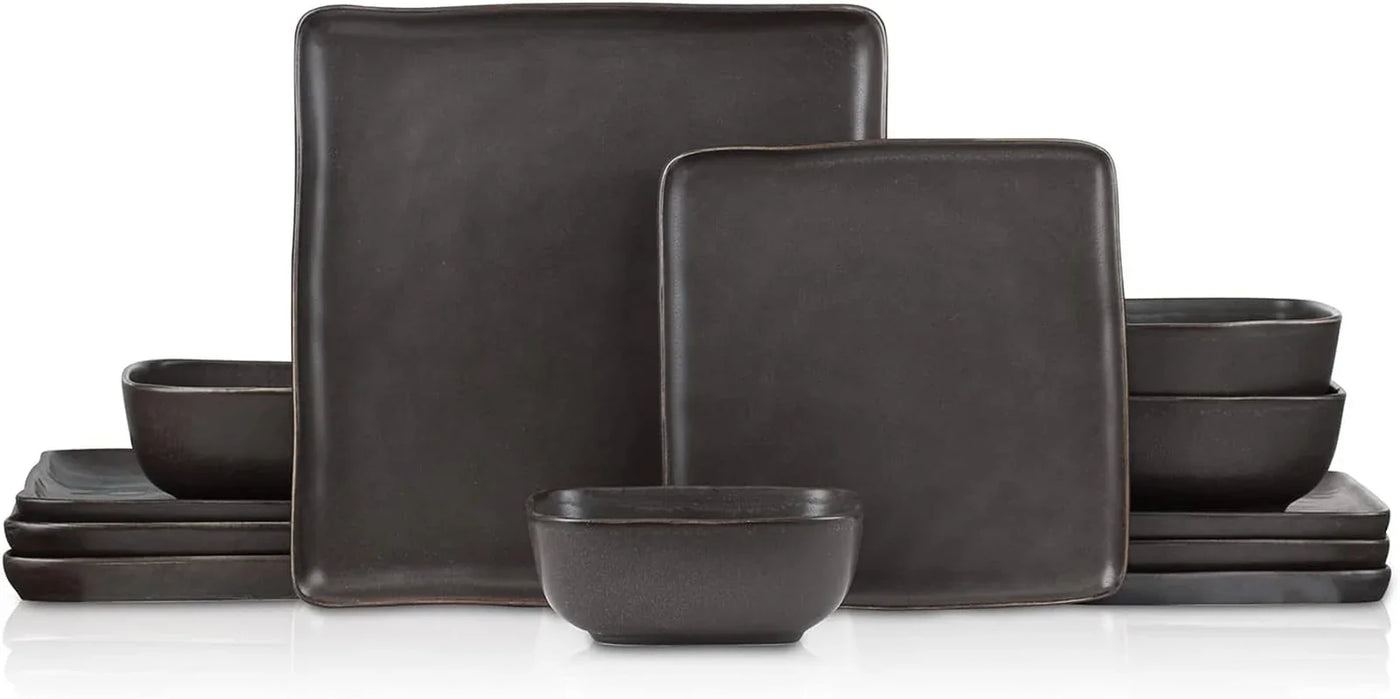 Jonny Stoneware 12 Piece Dinnerware Set, Home Kitchen Modern Square Dish Set with Dinner Plates, Salad Plates, & Bowls, Brown