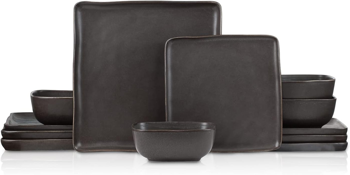 Jonny Stoneware 12 Piece Dinnerware Set, Home Kitchen Modern Square Dish Set with Dinner Plates, Salad Plates, & Bowls, Brown