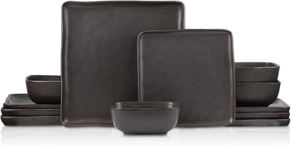 Jonny Stoneware 12 Piece Dinnerware Set, Home Kitchen Modern Square Dish Set with Dinner Plates, Salad Plates, & Bowls, Brown