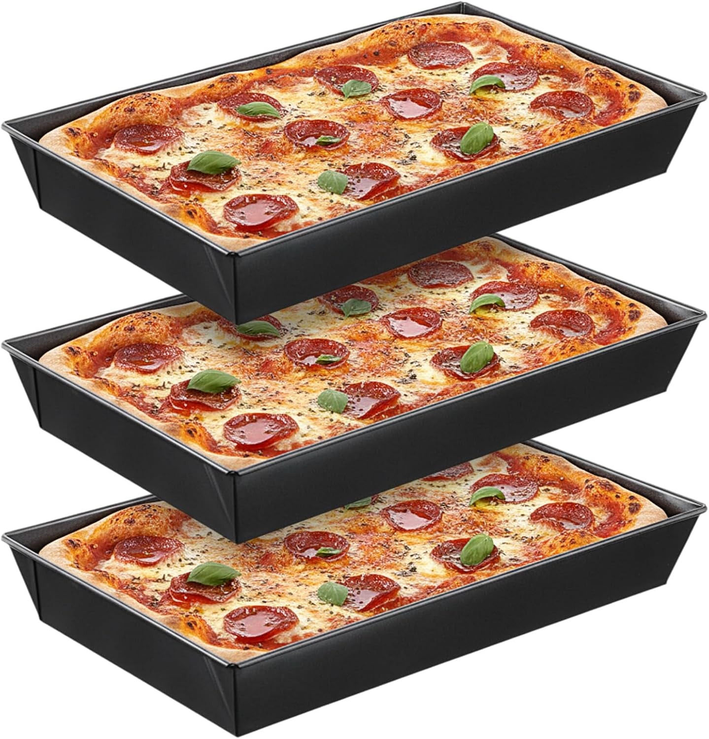 3 Pack Detroit Style Pizza Pan 15.7 X 9 Inch Non-Stick Rectangle Deep Dish Pizza Pans Heat-Resistant BPA Free, Pre Seasoned Carbon Steel Detroit Pizza Pan Dish Bake Ware Kitchenware