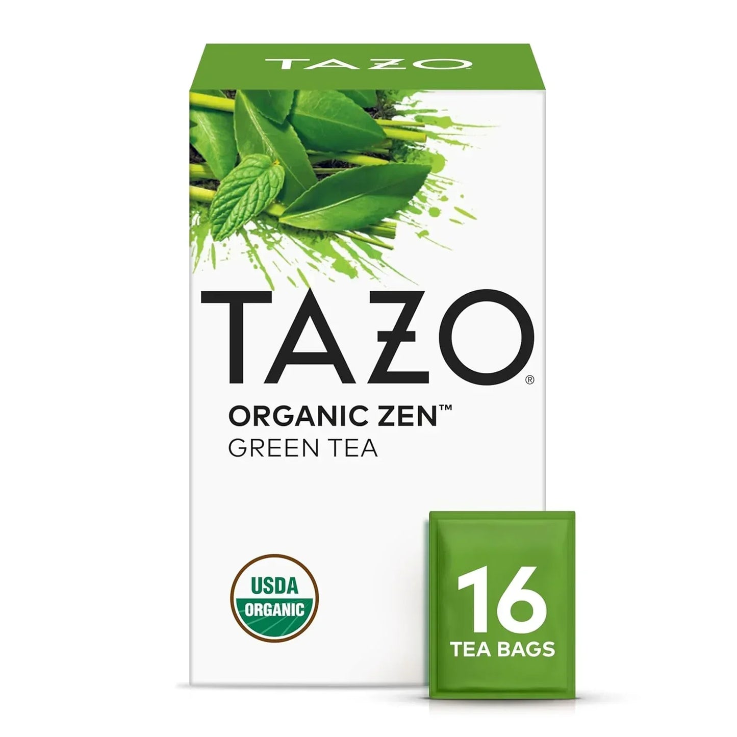 Tazo Organic Zen Green Tea box with 16 tea bags, USDA Organic certified, fresh green leaf design