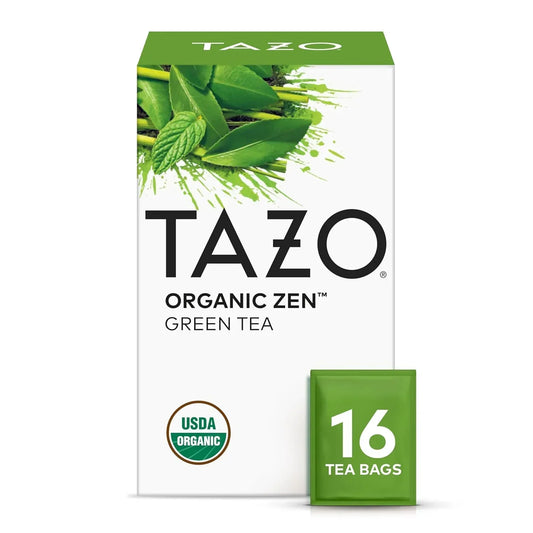Tazo Organic Zen Green Tea box with 16 tea bags, USDA Organic certified, fresh green leaf design