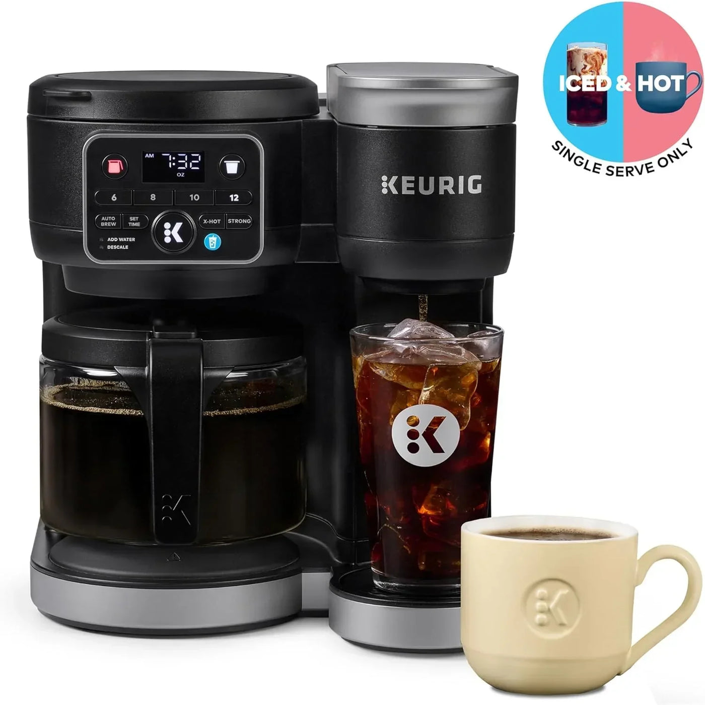 Keurig coffee maker brewing iced and hot coffee with digital display and single-serve options