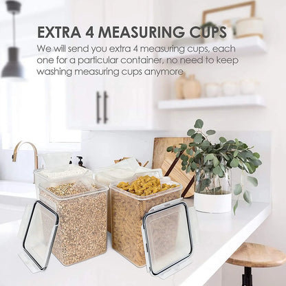 4 PCS Large Food Storage Containers 5.2L / 175Oz, 4 Pieces BPA Free Plastic Airtight Canisters for Flour, Sugar, Baking Supplies, Rice with Lids, 4 Measuring Cups and 24 Labels, Black