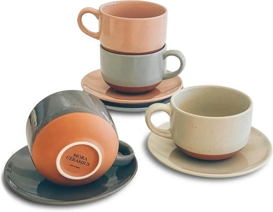 Ceramics 8Oz Cappuccino Mug Set of 4 - Ceramic Coffee Cups with Saucers - Microwave and Dishwasher Safe, Perfect for Tea, Espresso, Latte - Porcelain Mugs for Kitchen or Cafe - Assorted Neutrals