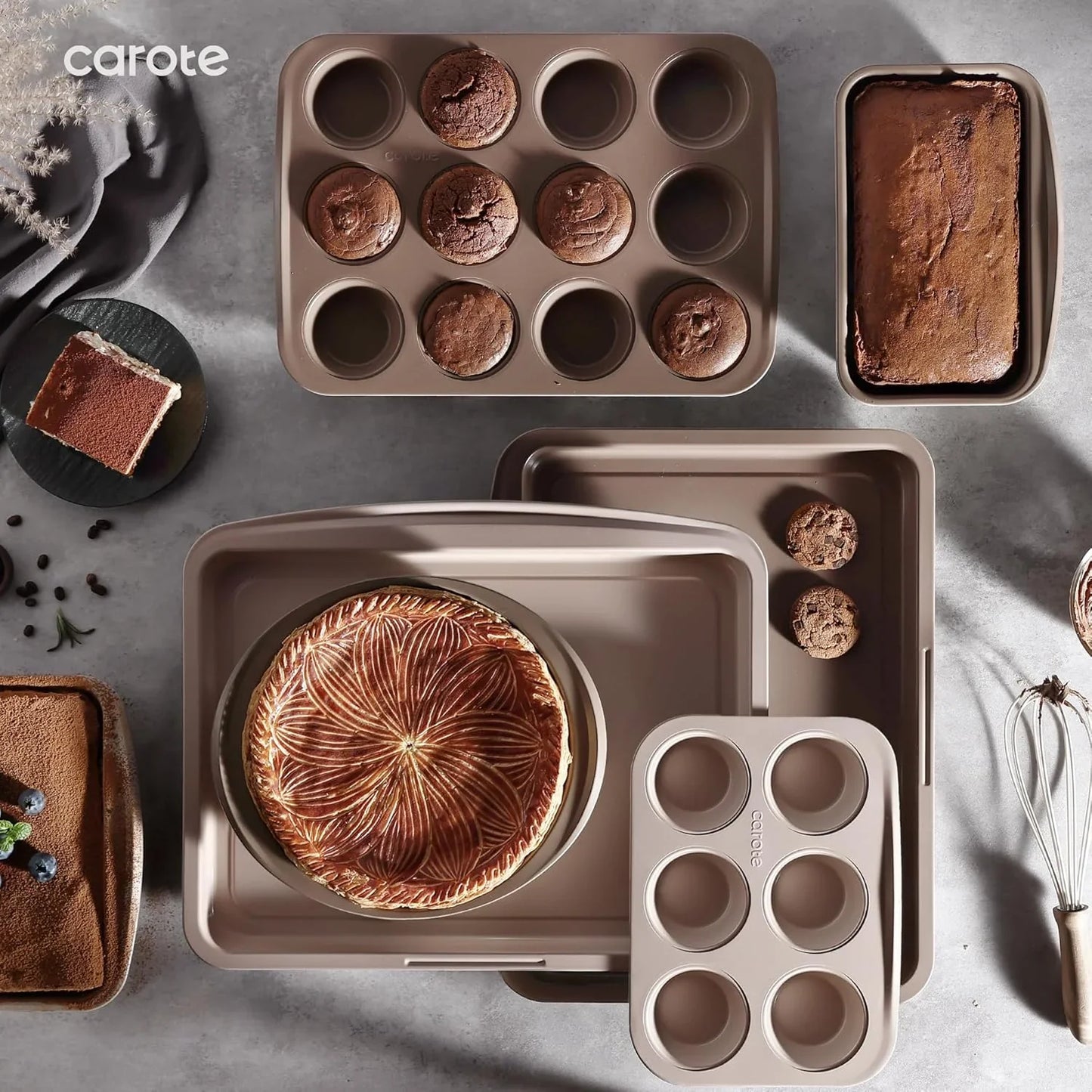 7-Piece Nonstick Stackable Baking Pans Set - Bakeware Sets Including Cookie Sheets for Baking, Muffin Pan, Bread Pan, Cake Pan, Loaf Pan, Roasting Pan, Gray & Khaki
