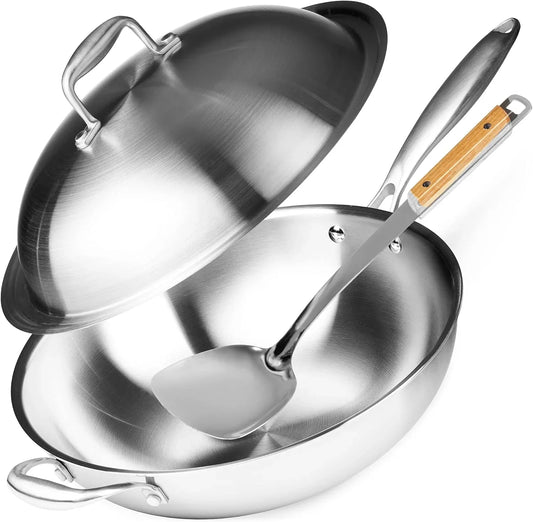 Stainless Steel Flat Bottom Wok Pan, Professional Traditional Stir Fry Cookware W/Domed Lid & Spatula, Low Maintenance Rust & Scratch Resistant for Induction Gas Electric Stove Top