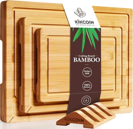 over Sink Bamboo Cutting Boards for Kitchen - 3+1 Piece Self-Draining Healthy Wood Cutting Board Set with Built in Handle& Spout, Charcuterie& Meat Extra Large Butcher Chopping Boards, Natural