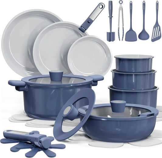 Blue nonstick cookware set with pots, pans, lids, storage containers, and kitchen utensils.