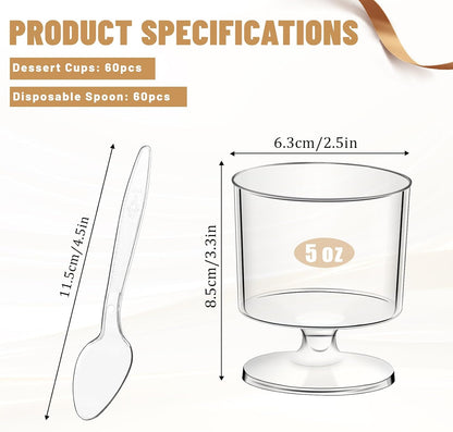 120 Pcs Dessert Cups with Spoons 60 Pcs 5 OZ Mini Clear Plastic Dessert Parfait Cup 60 Pc Spoons for Party Small round Serving Goblet Wine Shot Disposable Fruit Ice Cream Mousse Pudding Appetizer Bowl