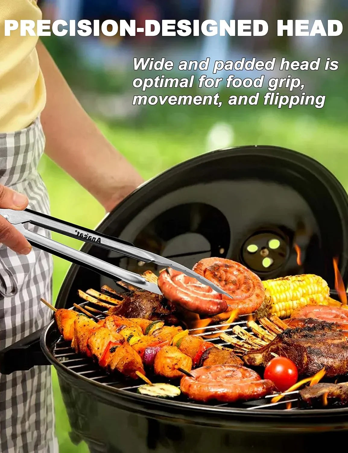 Premium Kitchen Locking Tong Set of 3 - Heavy Duty Stainless Steel Food Tongs with Long Handle & Non-Slip Silicone Grip for Cooking, Baking, Grilling - Heat Resistant up to 480°F