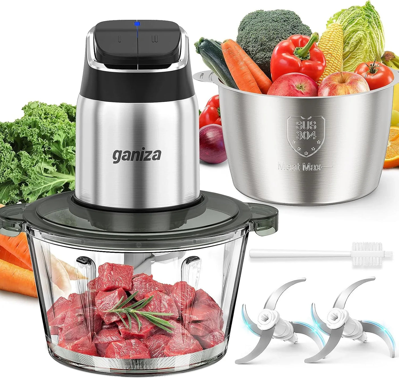 Food Processor, 2-Speed Food Chopper Meat Grinder with 8 Cup Stainless Steel & 8 Cup Glass Bowls, Upgraded Button & Smart Overheat Protection Light - Includes Clean Brush, 2 Sets of Blades