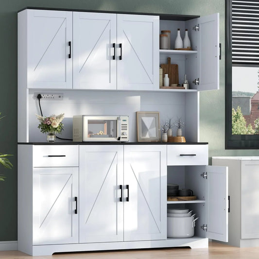 71’’ Tall Kitchen Pantry Cabinet with Charging Station, Wider Farmhouse Kitchen Storage Cabinet with Countertop Freestanding Hutch with Storage Drawers & Doors for Living Dining Room (White)