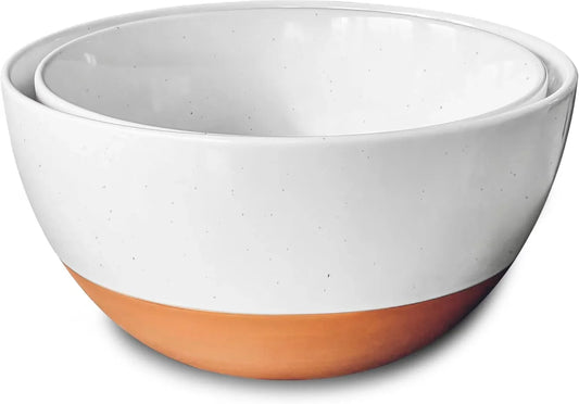 Ceramic Large Mixing Bowls - Set of 2 Nesting Bowls for Cooking, Serving, Popcorn, Salad Etc - Microwavable Kitchen Stoneware, Oven, Microwave and Dishwasher Safe - Extra Big 2.5 & 1.6 Qt - White