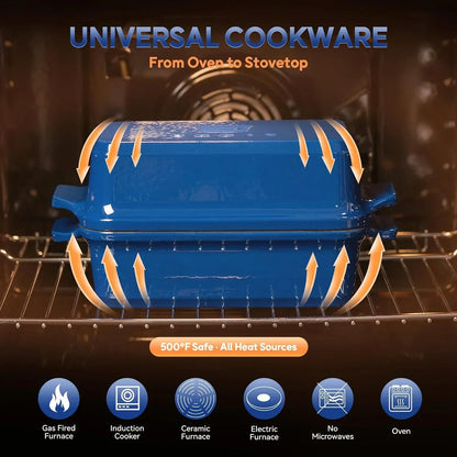 Blue universal cookware safe for oven, stovetop, induction, gas, electric, ceramic — 500°F heat resistant, not microwave safe
