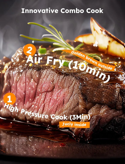 Duet Air Fryer, Electric Pressure Cooker & Grill Combo, 540 in 1 Multicooker with 3 Removable Lids, Slow Cook, Sautés, Dehydrator, 18/10 SS Pot, Sure-Lock Safety Tech & 13 Deluxe Accessories