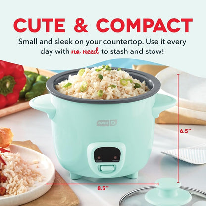 Mini Ceramic Rice Cooker - Designed for Single-Serve Cooking - Compact Rice Cooker with Nonstick Removable Pot, Keep Warm Function & Easy-To-Clean Sleek Design - Aqua Ceramic