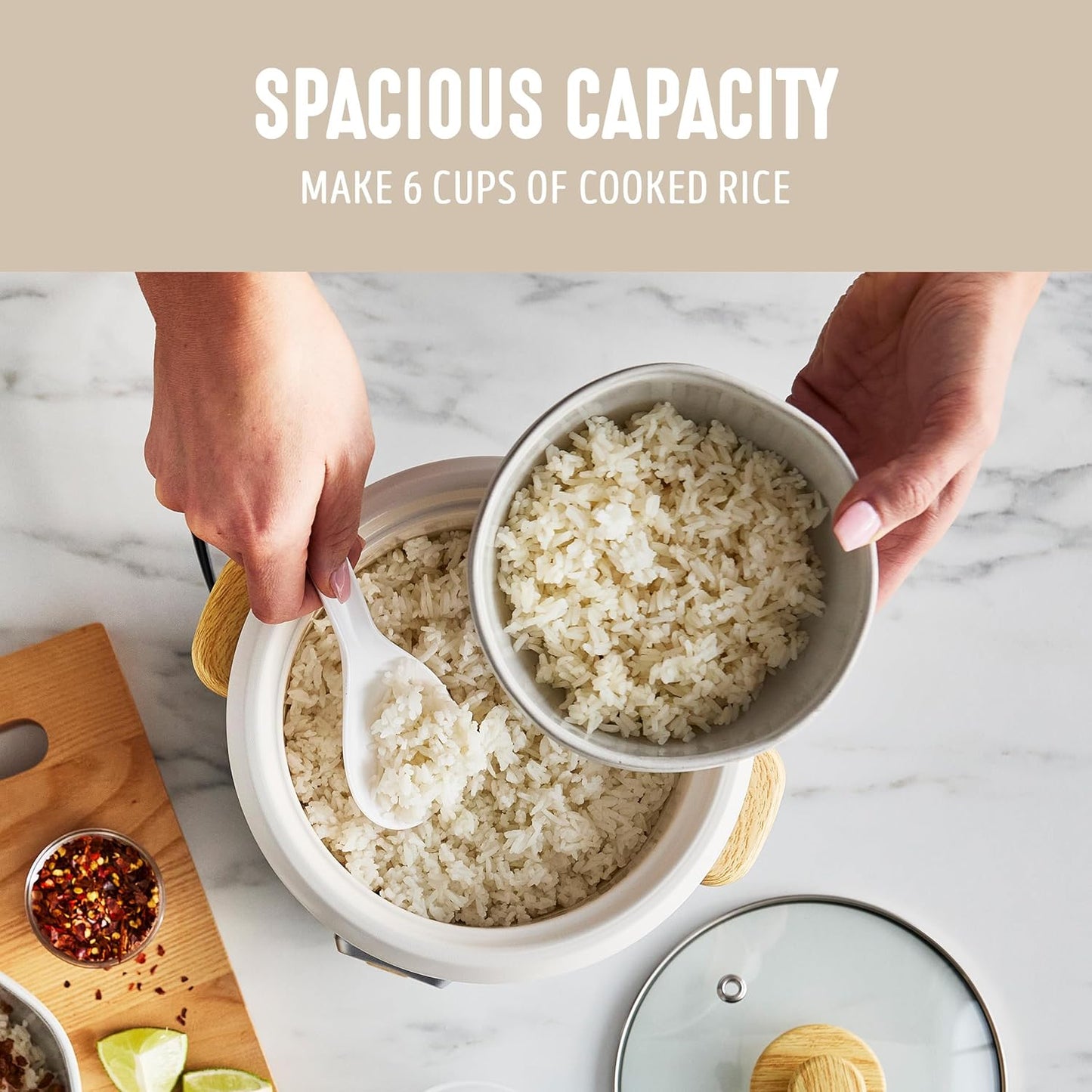 Rice Cooker with Removable Pfas-Free Ceramic Nonstick Pot, 3-Cups Uncooked/6-Cups Cooked, Grains & Oatmeal Multicooker, Compact One-Switch Design, Auto Keep Warm, Easy Clean, Cream
