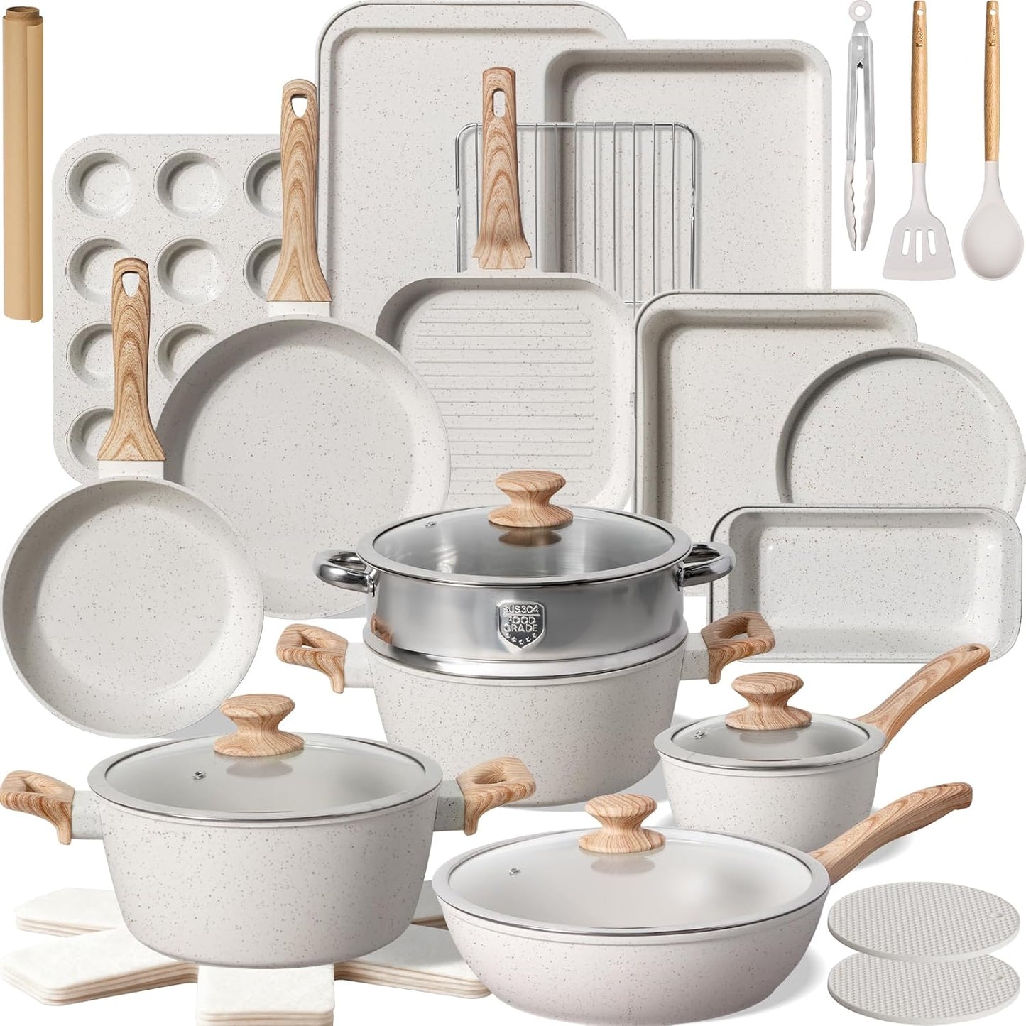 Pots and Pans Set Non Stick 31 Piece Kitchen Nonstick Cooking Cookware Sets with Grill Pan Saucepan Baking Sheet Utensil, Cream White