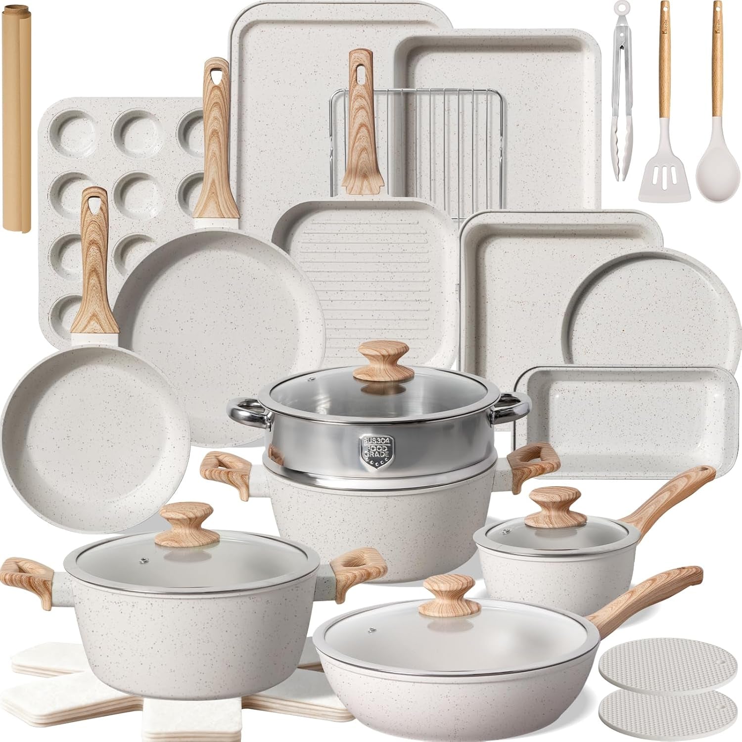 Pots and Pans Set Non Stick 31 Piece Kitchen Nonstick Cooking Cookware Sets with Grill Pan Saucepan Baking Sheet Utensil, Cream White