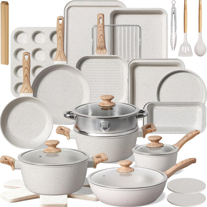 Pots and Pans Set Non Stick 31 Piece Kitchen Nonstick Cooking Cookware Sets with Grill Pan Saucepan Baking Sheet Utensil, Cream White