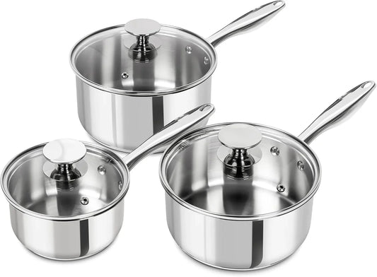 Stainless Steel Saucepan Set with Lids 1QT & 2QT & 3QT, Stainless Steel Sauce Pot Set 6Pcs, Induction Saucepans, Nonstick Sauce Pan Set, Dishwasher Safe