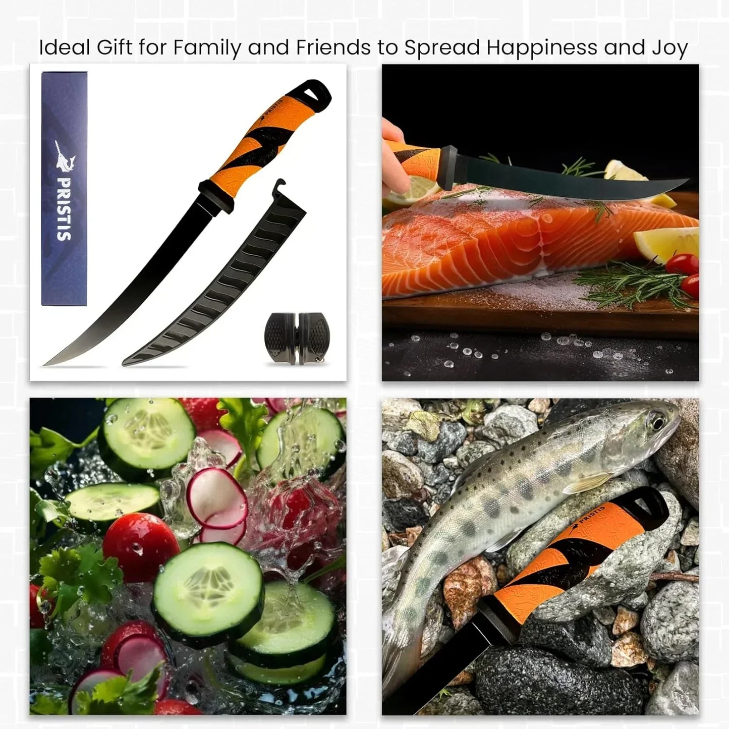 PRISTIS fillet knife with orange grip, slicing salmon and fresh veggies, ideal kitchen tool for cooking and fishing