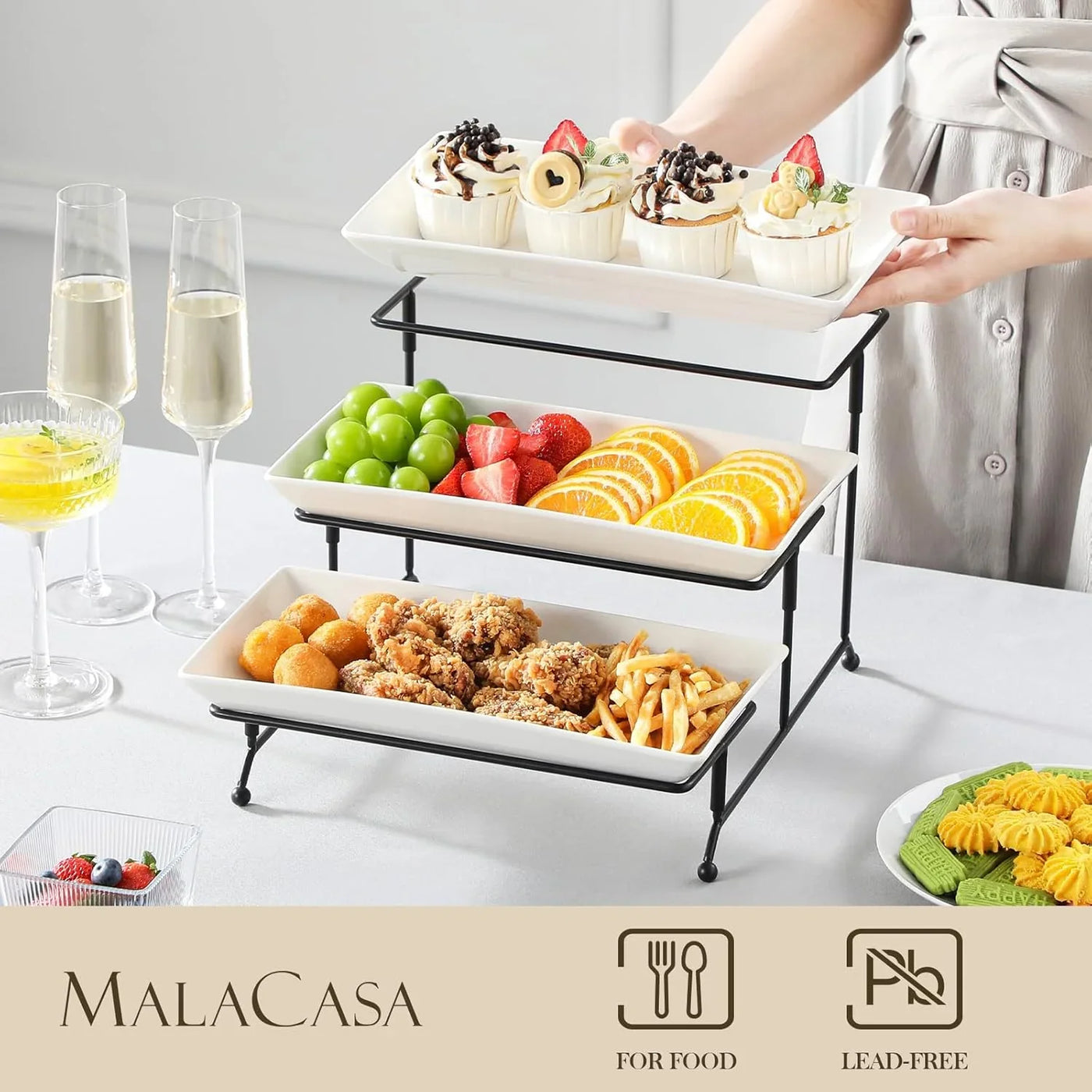 3 Tier Serving Trays for Party, Porcelain Serving Platters and Trays, 12 Inch Tiered Tray Stand, Fruit Tray, Trays for Serving Food, White Dessert Stand with Collapsible Sturdier Metal Rack