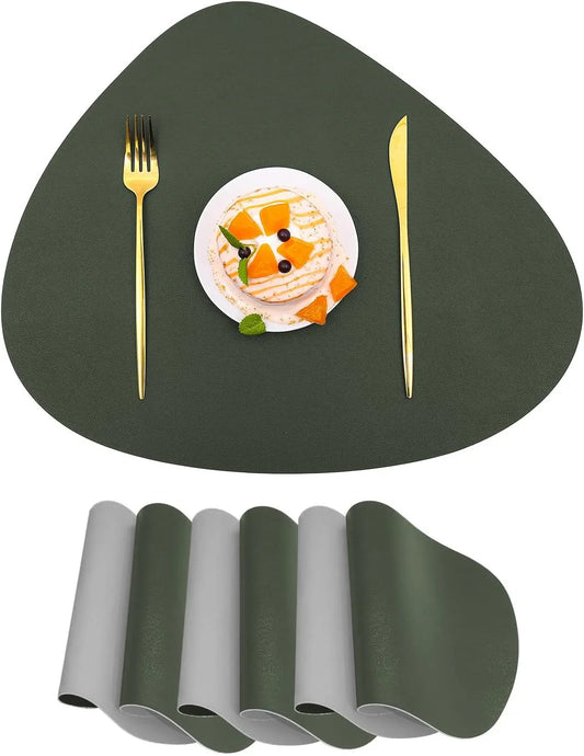PU Faux Leather Thick Wipeable Waterproof Placemats Set of 4, Washable Oil-Proof Placemats, Wrinkle Free Kitchen Dining Table Mats (4, Deep Green/Grey)