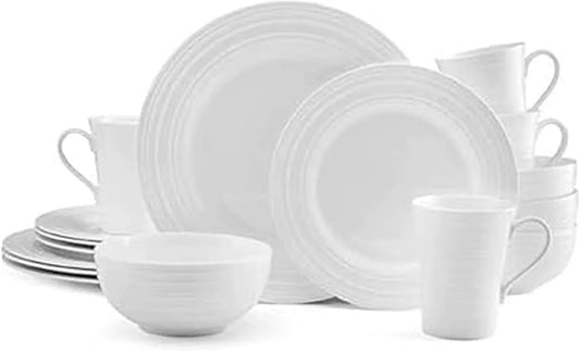 Ciara 16 Piece Bone China Dinnerware Set, Service for 4, Lightweight and Durable Plates Bowls and Mugs, Elegant White Dinnerware for Everyday Use