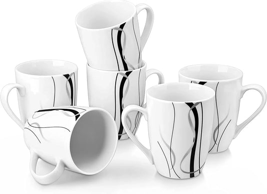 Ceramic Coffee Mugs Set of 6, 11 OZ Coffee Cups Set with Handle, White Mugs Set Porcelain Cup Set for Kitchen, Microwave Dishwasher Safe, Series Fiona