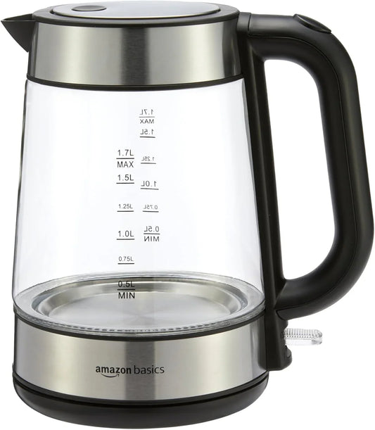 Electric Kettle with Glass Carafe for Tea and Coffee, Bpa-Free, Fast Boiling, Auto Shut-Off, Boil-Dry Protection, Water Level Indicator, 1.7 Liter, 1500W, Black and Silver